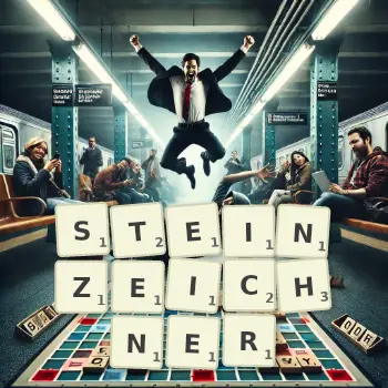 Kreative Illustration für ein Scrabble-Spiel, bei dem das Wort STEINZEICHNER mit Steinen auf dem Brett gelegt wurde.