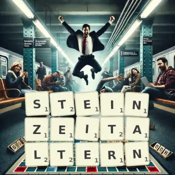 Kreative Illustration für ein Scrabble-Spiel, bei dem das Wort STEINZEITALTERN mit Steinen auf dem Brett gelegt wurde.