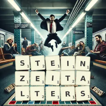 Kreative Illustration für ein Scrabble-Spiel, bei dem das Wort STEINZEITALTERS mit Steinen auf dem Brett gelegt wurde.