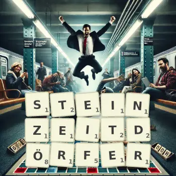 Kreative Illustration für ein Scrabble-Spiel, bei dem das Wort STEINZEITDÖRFER mit Steinen auf dem Brett gelegt wurde.