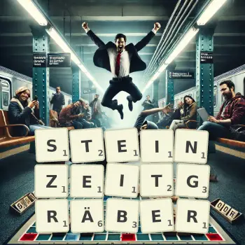 Kreative Illustration für ein Scrabble-Spiel, bei dem das Wort STEINZEITGRÄBER mit Steinen auf dem Brett gelegt wurde.