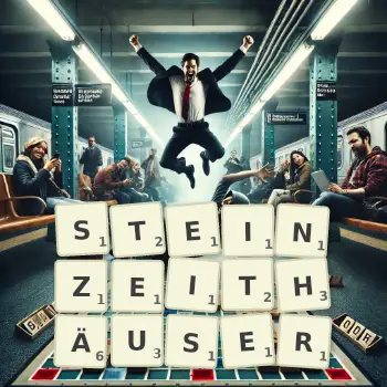 Kreative Illustration für ein Scrabble-Spiel, bei dem das Wort STEINZEITHÄUSER mit Steinen auf dem Brett gelegt wurde.