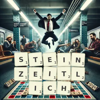 Kreative Illustration für ein Scrabble-Spiel, bei dem das Wort STEINZEITLICH mit Steinen auf dem Brett gelegt wurde.