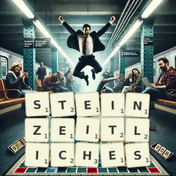 Kreative Illustration für ein Scrabble-Spiel, bei dem das Wort STEINZEITLICHES mit Steinen auf dem Brett gelegt wurde.