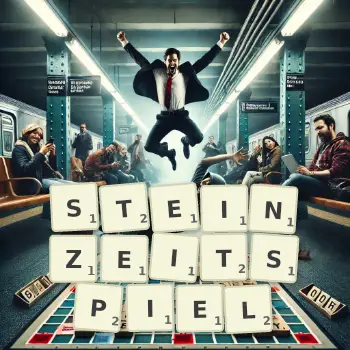 Kreative Illustration für ein Scrabble-Spiel, bei dem das Wort STEINZEITSPIEL mit Steinen auf dem Brett gelegt wurde.