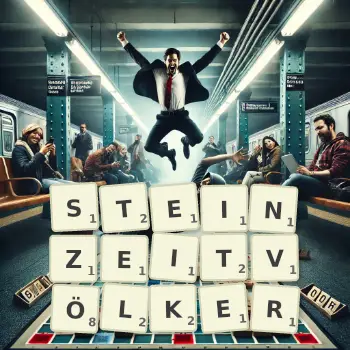 Kreative Illustration für ein Scrabble-Spiel, bei dem das Wort STEINZEITVÖLKER mit Steinen auf dem Brett gelegt wurde.