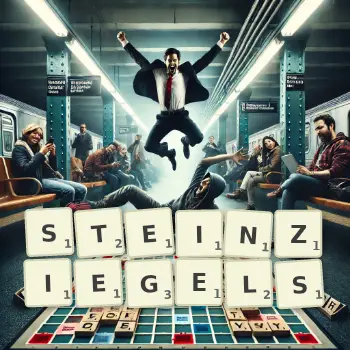 Kreative Illustration für ein Scrabble-Spiel, bei dem das Wort STEINZIEGELS mit Steinen auf dem Brett gelegt wurde.