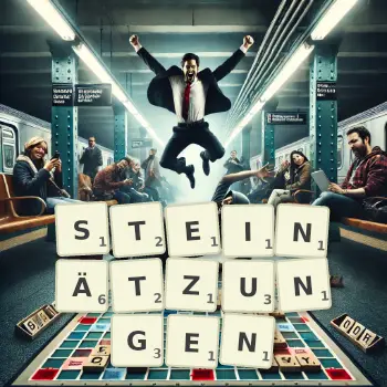 Kreative Illustration für ein Scrabble-Spiel, bei dem das Wort STEINÄTZUNGEN mit Steinen auf dem Brett gelegt wurde.