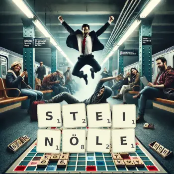Kreative Illustration für ein Scrabble-Spiel, bei dem das Wort STEINÖLE mit Steinen auf dem Brett gelegt wurde.