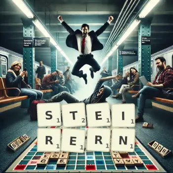 Kreative Illustration für ein Scrabble-Spiel, bei dem das Wort STEIRERN mit Steinen auf dem Brett gelegt wurde.