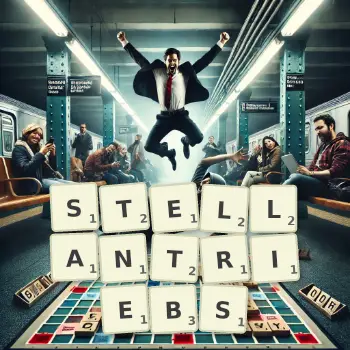 Kreative Illustration für ein Scrabble-Spiel, bei dem das Wort STELLANTRIEBS mit Steinen auf dem Brett gelegt wurde.