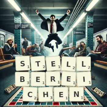 Kreative Illustration für ein Scrabble-Spiel, bei dem das Wort STELLBEREICHEN mit Steinen auf dem Brett gelegt wurde.