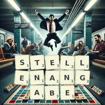 Kreative Illustration für ein Scrabble-Spiel, bei dem das Wort STELLENANGABE mit Steinen auf dem Brett gelegt wurde.