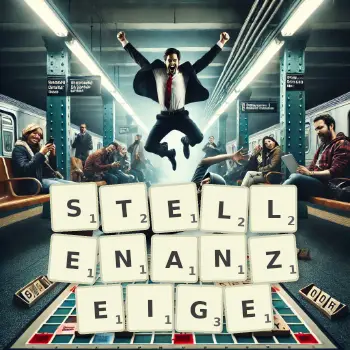 Kreative Illustration für ein Scrabble-Spiel, bei dem das Wort STELLENANZEIGE mit Steinen auf dem Brett gelegt wurde.