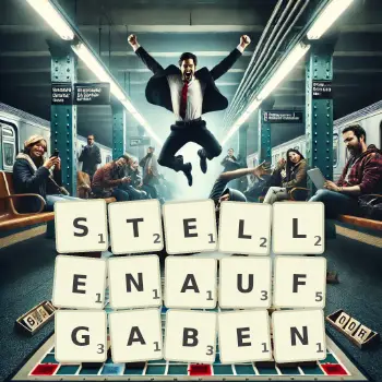 Kreative Illustration für ein Scrabble-Spiel, bei dem das Wort STELLENAUFGABEN mit Steinen auf dem Brett gelegt wurde.