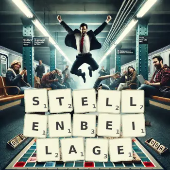 Kreative Illustration für ein Scrabble-Spiel, bei dem das Wort STELLENBEILAGE mit Steinen auf dem Brett gelegt wurde.