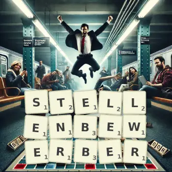 Kreative Illustration für ein Scrabble-Spiel, bei dem das Wort STELLENBEWERBER mit Steinen auf dem Brett gelegt wurde.