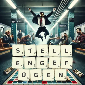 Kreative Illustration für ein Scrabble-Spiel, bei dem das Wort STELLENGEFÜGEN mit Steinen auf dem Brett gelegt wurde.