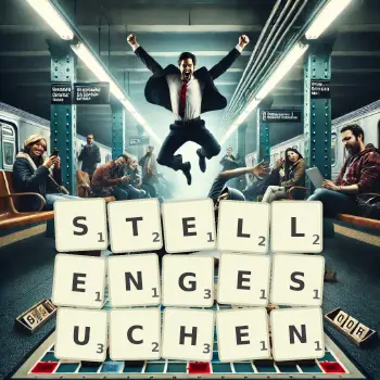 Kreative Illustration für ein Scrabble-Spiel, bei dem das Wort STELLENGESUCHEN mit Steinen auf dem Brett gelegt wurde.