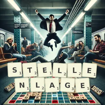 Kreative Illustration für ein Scrabble-Spiel, bei dem das Wort STELLENLAGE mit Steinen auf dem Brett gelegt wurde.