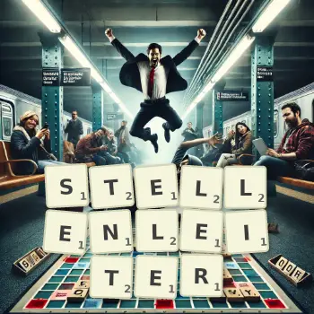 Kreative Illustration für ein Scrabble-Spiel, bei dem das Wort STELLENLEITER mit Steinen auf dem Brett gelegt wurde.