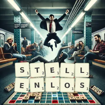 Kreative Illustration für ein Scrabble-Spiel, bei dem das Wort STELLENLOS mit Steinen auf dem Brett gelegt wurde.