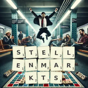 Kreative Illustration für ein Scrabble-Spiel, bei dem das Wort STELLENMARKTS mit Steinen auf dem Brett gelegt wurde.