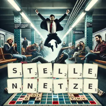 Kreative Illustration für ein Scrabble-Spiel, bei dem das Wort STELLENNETZE mit Steinen auf dem Brett gelegt wurde.