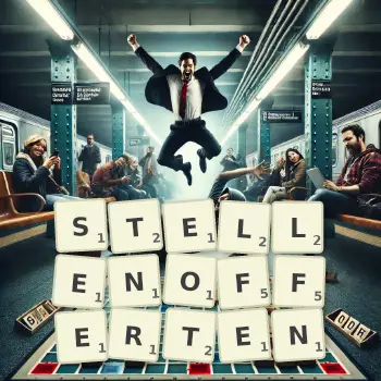 Kreative Illustration für ein Scrabble-Spiel, bei dem das Wort STELLENOFFERTEN mit Steinen auf dem Brett gelegt wurde.