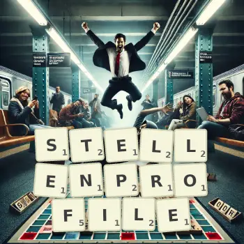 Kreative Illustration für ein Scrabble-Spiel, bei dem das Wort STELLENPROFILE mit Steinen auf dem Brett gelegt wurde.