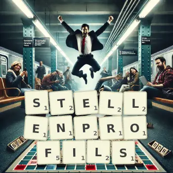 Kreative Illustration für ein Scrabble-Spiel, bei dem das Wort STELLENPROFILS mit Steinen auf dem Brett gelegt wurde.