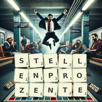 Kreative Illustration für ein Scrabble-Spiel, bei dem das Wort STELLENPROZENTE mit Steinen auf dem Brett gelegt wurde.