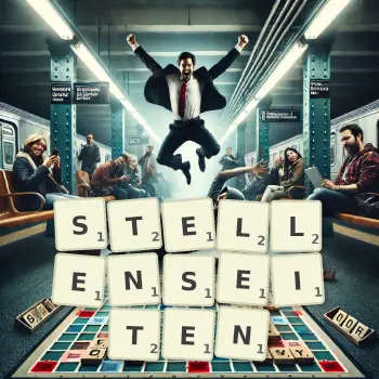 Kreative Illustration für ein Scrabble-Spiel, bei dem das Wort STELLENSEITEN mit Steinen auf dem Brett gelegt wurde.