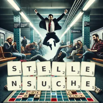 Kreative Illustration für ein Scrabble-Spiel, bei dem das Wort STELLENSUCHE mit Steinen auf dem Brett gelegt wurde.