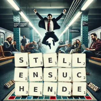 Kreative Illustration für ein Scrabble-Spiel, bei dem das Wort STELLENSUCHENDE mit Steinen auf dem Brett gelegt wurde.