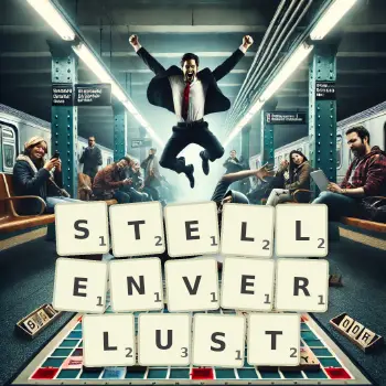 Kreative Illustration für ein Scrabble-Spiel, bei dem das Wort STELLENVERLUST mit Steinen auf dem Brett gelegt wurde.