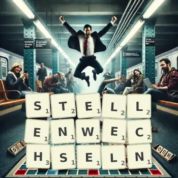 Kreative Illustration für ein Scrabble-Spiel, bei dem das Wort STELLENWECHSELN mit Steinen auf dem Brett gelegt wurde.