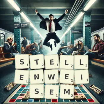Kreative Illustration für ein Scrabble-Spiel, bei dem das Wort STELLENWEISEM mit Steinen auf dem Brett gelegt wurde.