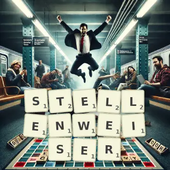 Kreative Illustration für ein Scrabble-Spiel, bei dem das Wort STELLENWEISER mit Steinen auf dem Brett gelegt wurde.