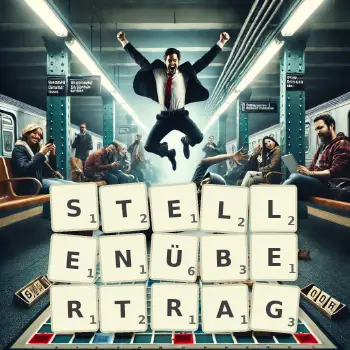 Kreative Illustration für ein Scrabble-Spiel, bei dem das Wort STELLENÜBERTRAG mit Steinen auf dem Brett gelegt wurde.
