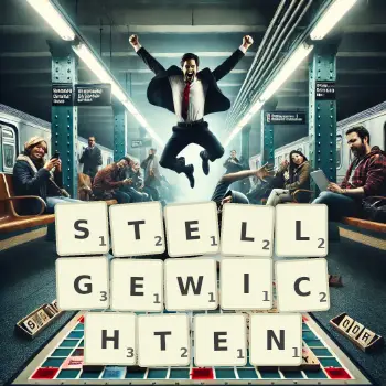 Kreative Illustration für ein Scrabble-Spiel, bei dem das Wort STELLGEWICHTEN mit Steinen auf dem Brett gelegt wurde.