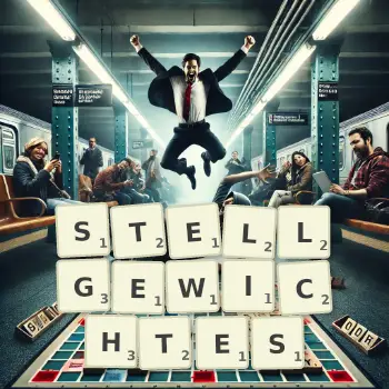 Kreative Illustration für ein Scrabble-Spiel, bei dem das Wort STELLGEWICHTES mit Steinen auf dem Brett gelegt wurde.