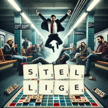 Kreative Illustration für ein Scrabble-Spiel, bei dem das Wort STELLIGE mit Steinen auf dem Brett gelegt wurde.