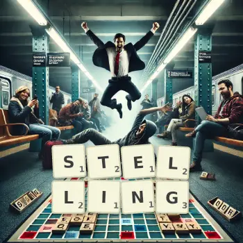 Kreative Illustration für ein Scrabble-Spiel, bei dem das Wort STELLING mit Steinen auf dem Brett gelegt wurde.