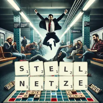 Kreative Illustration für ein Scrabble-Spiel, bei dem das Wort STELLNETZE mit Steinen auf dem Brett gelegt wurde.