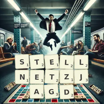 Kreative Illustration für ein Scrabble-Spiel, bei dem das Wort STELLNETZJAGD mit Steinen auf dem Brett gelegt wurde.