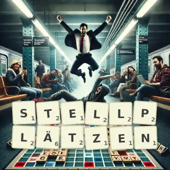 Kreative Illustration für ein Scrabble-Spiel, bei dem das Wort STELLPLÄTZEN mit Steinen auf dem Brett gelegt wurde.