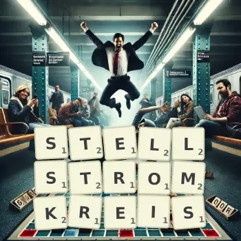 Kreative Illustration für ein Scrabble-Spiel, bei dem das Wort STELLSTROMKREIS mit Steinen auf dem Brett gelegt wurde.