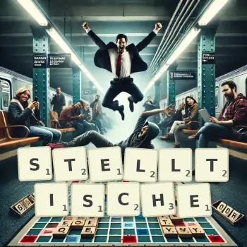 Kreative Illustration für ein Scrabble-Spiel, bei dem das Wort STELLTISCHE mit Steinen auf dem Brett gelegt wurde.