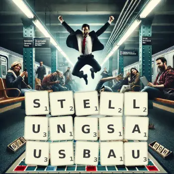 Kreative Illustration für ein Scrabble-Spiel, bei dem das Wort STELLUNGSAUSBAU mit Steinen auf dem Brett gelegt wurde.
